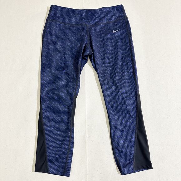 Nike Running Size M Dri-fit Crop Legging Printed Activewear Blue Black - Picture 1 of 10